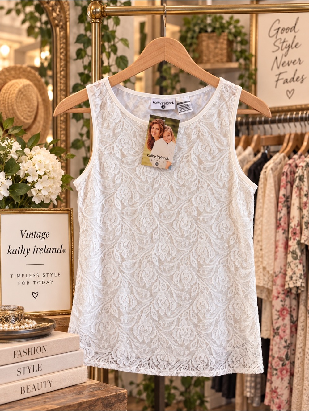 kathy ireland Vintage White Floral Lace Tank - Sleeveless Layering Top